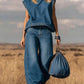 Women's Denim Co-Ord Set - Sleeveless Mock Neck Top & Wide Leg Jeans