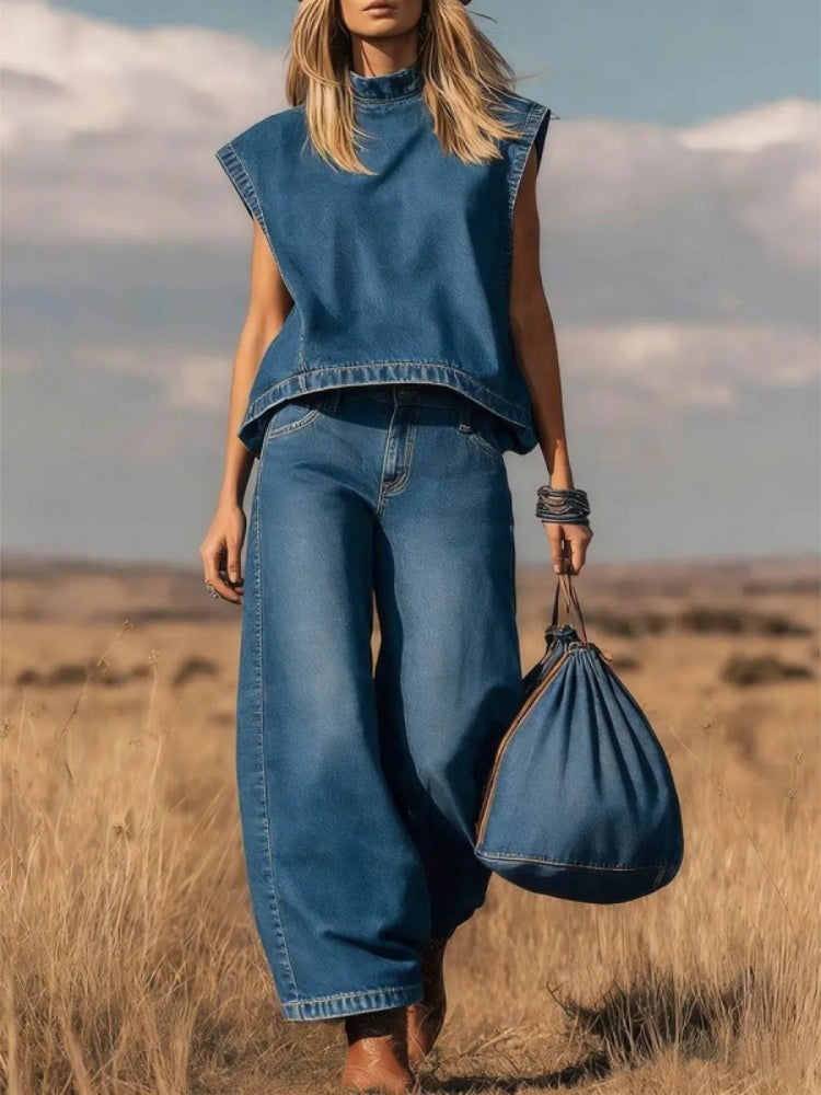 Women's Denim Co-Ord Set - Sleeveless Mock Neck Top & Wide Leg Jeans