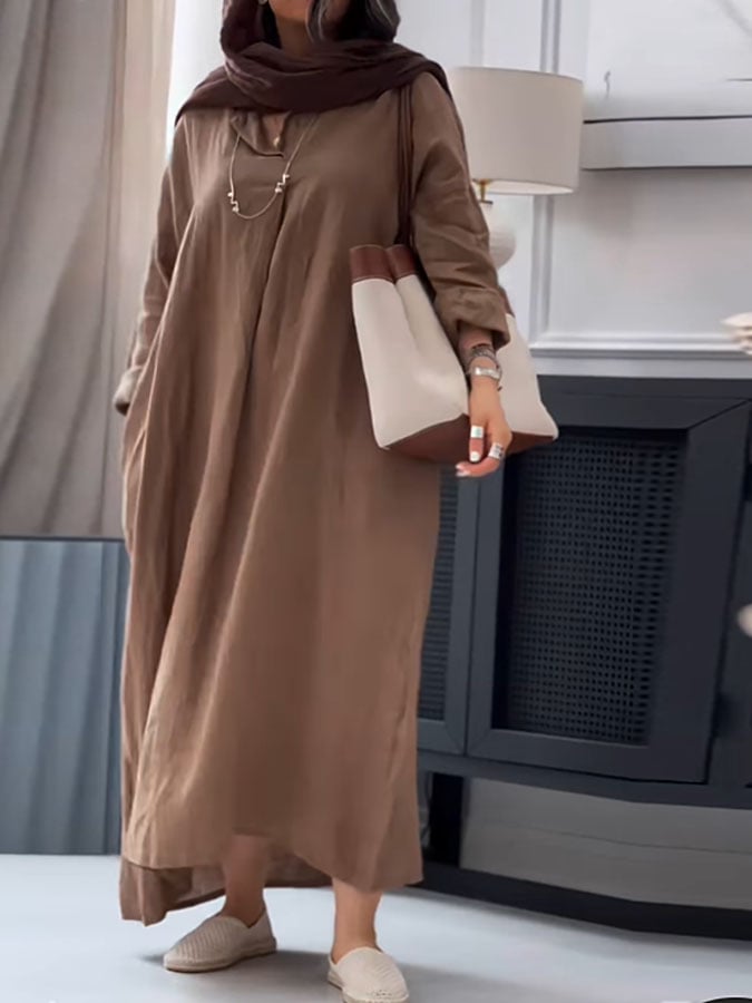 Women's Casual Solid Color V-Neck Long Sleeve Cotton and Linen Dress
