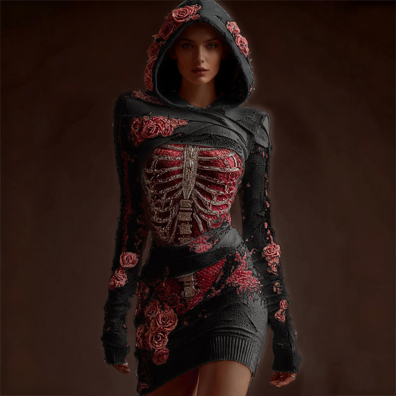Classy Skeleton Anatomy Bloody Roses Bandages Hooded Sweater Dress