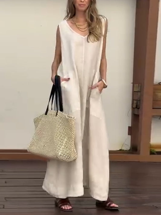 Women'S Casual Solid Color V-Neck Sleeveless Cotton And Linen Dress