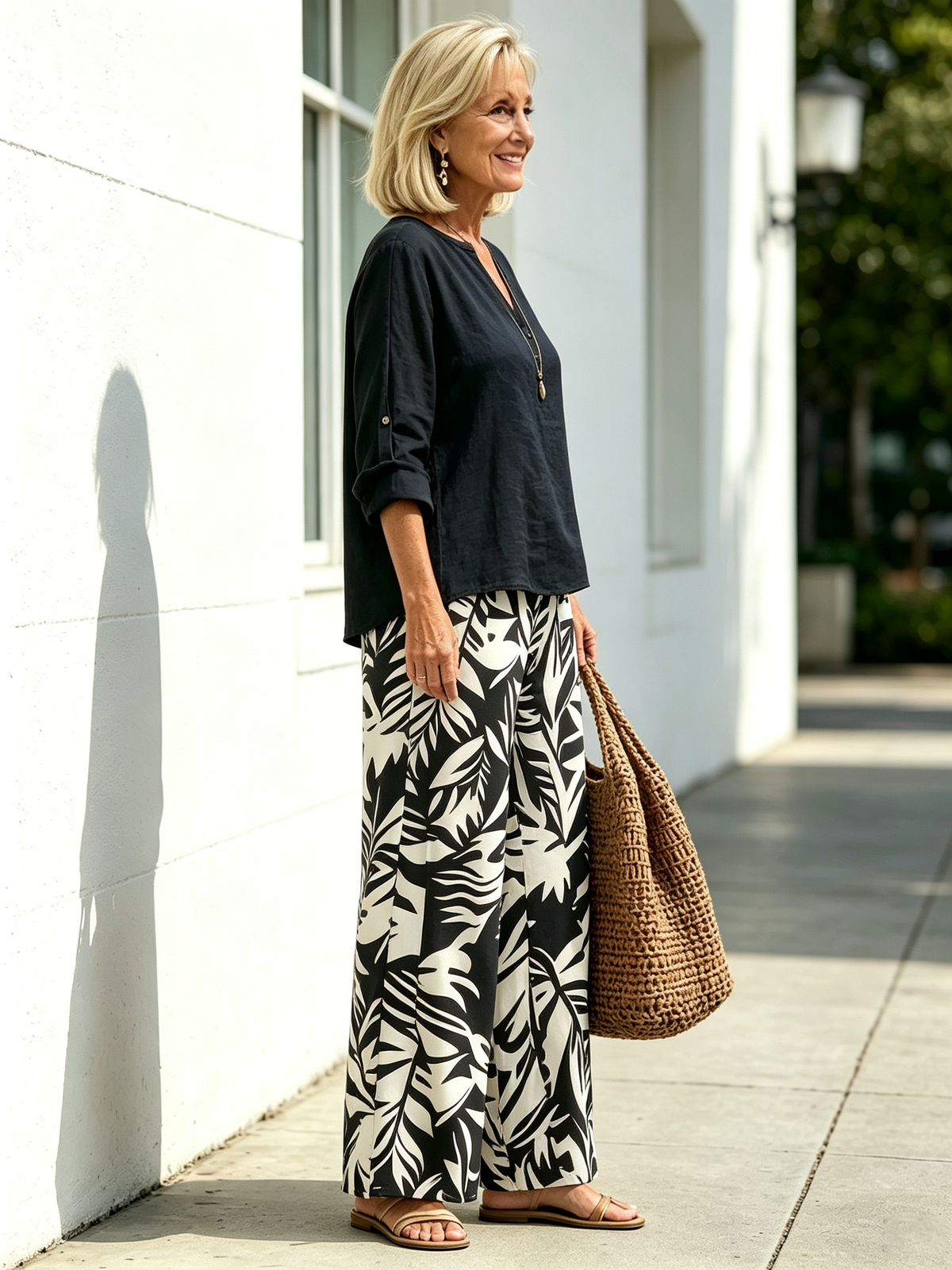 Plant-printed V-neck Vest Straight-leg Pants, Casual and Comfortable Suit