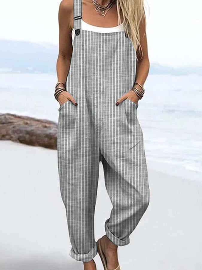 Women's Casual Striped Printed Cotton and Linen Overalls