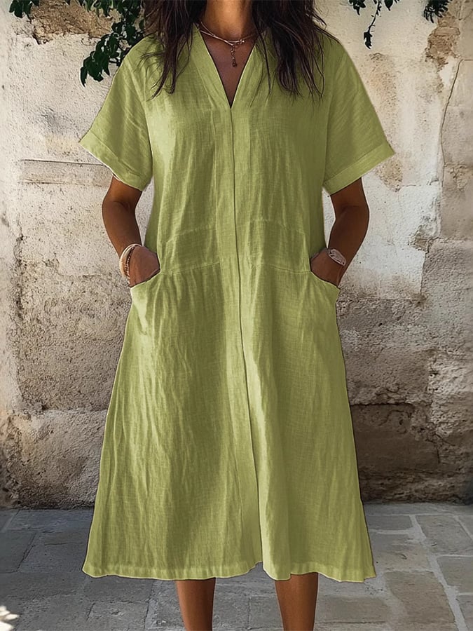 Women'S Casual Spring And Summer Loose V-Neck Solid Color Cotton And Linen Dress