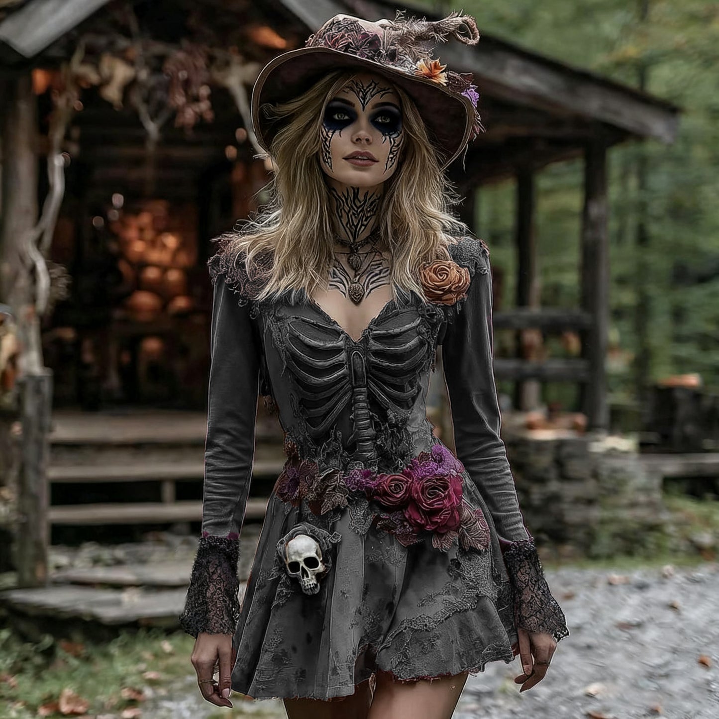 Halloween Rose Skeleton Witch Cosplay Midi Dress