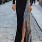 Elegant Tuxedo-Inspired Silver Slit Gown