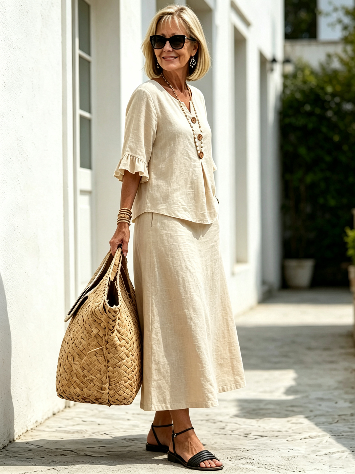 2Pcs Casual Matching Top and Skirt Set, V Neck Button Placket Blouse, Ruffle Edge Seven-quarter Sleeve, Solid Lightweight Linen-like Fabric, Loose A-line Midi Skirt, Relaxed Fit Co-Ord Outfit for Daily Wear and Vacation