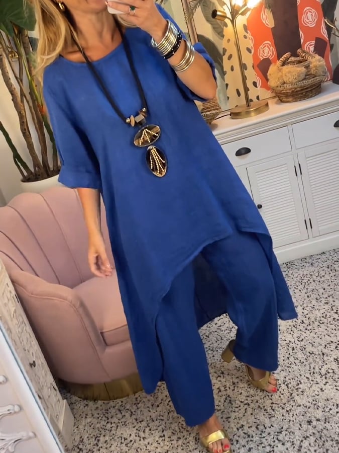 Women'S Casual Round Neck Solid Color Long Cotton And Linen Two-Piece Suit