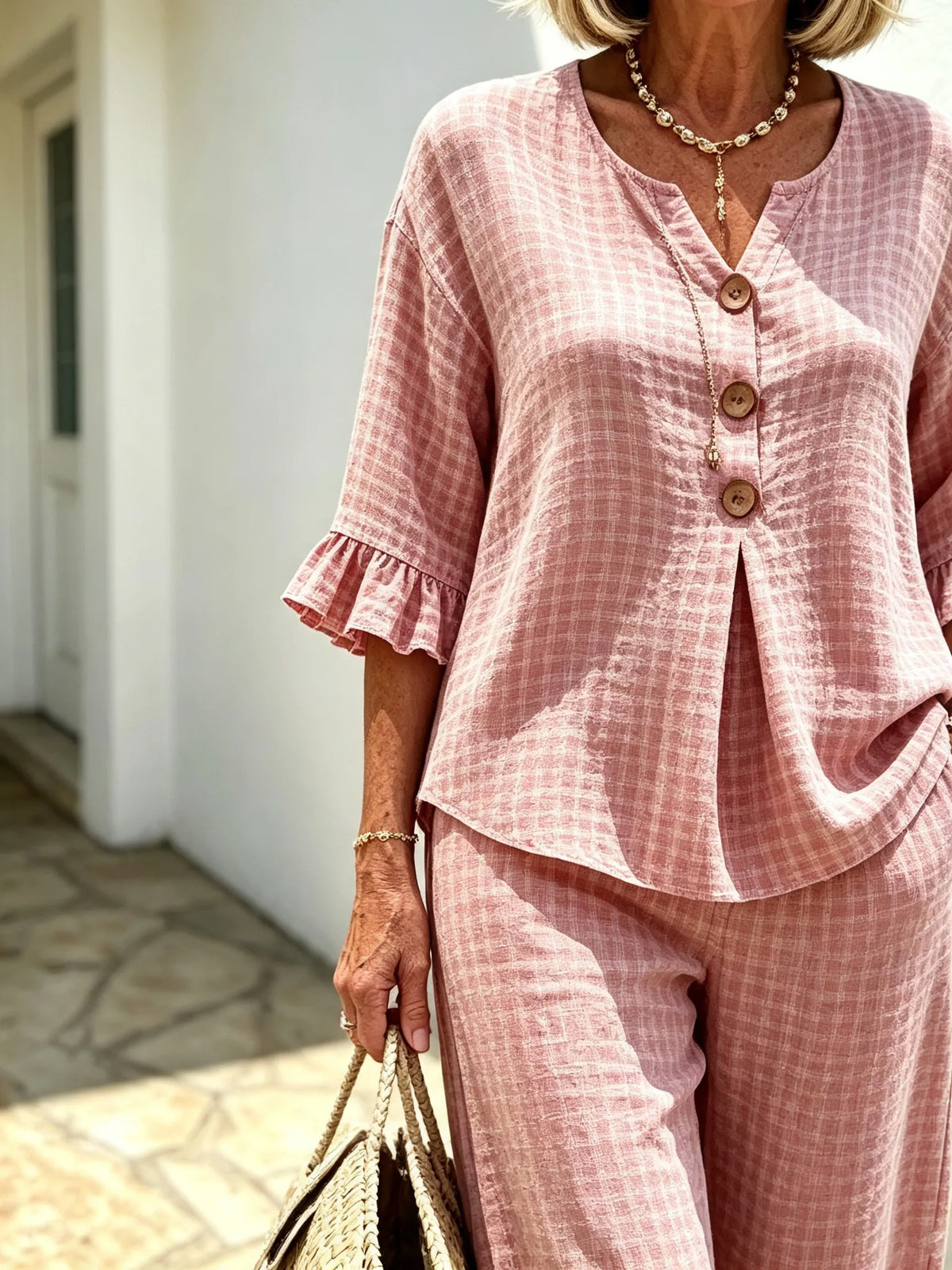 Women Elegant Linen Blend Plaid Two-Piece Casual Pant Set, Woven Textured Gingham Check Pattern Matching Outfit, Notch V-Neck Three Wooden Button Front Top With Ruffle Flared 7/4 Length Bell Flounce Sleeves, Loose High Waist Wide Leg Full Length Trousers