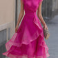 Layered Organza Cap Sleeve A-Line Midi Dress