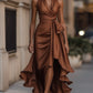 Midnight Elegance Satin Halter Ruffle Gown