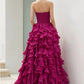 Strapless Magenta Ruffled Ball Gown