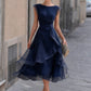 Layered Organza Cap Sleeve A-Line Midi Dress