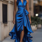 Midnight Elegance Satin Halter Ruffle Gown