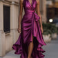 Midnight Elegance Satin Halter Ruffle Gown
