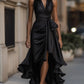 Midnight Elegance Satin Halter Ruffle Gown