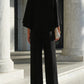 Cape-Sleeve High-Neck Blouse & Slit Wide-Leg Trousers Set