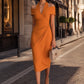Off-Shoulder Halter Collar Ruched Wrap Midi Dress