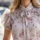 Floral Puff Sleeve Tie-Neck Chiffon Blouse