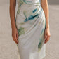 Draped Cowl-Neck Print Midi Dress