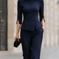 Tailored Navy Peplum Blazer & Wide-Leg Trouser Suit