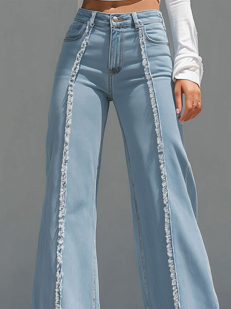 High-Waisted Light Blue Flared Jeans With Raw Edge Seams