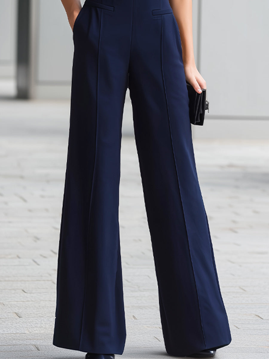 Navy Sleeveless Plunge-Neck Wide-Leg Jumpsuit