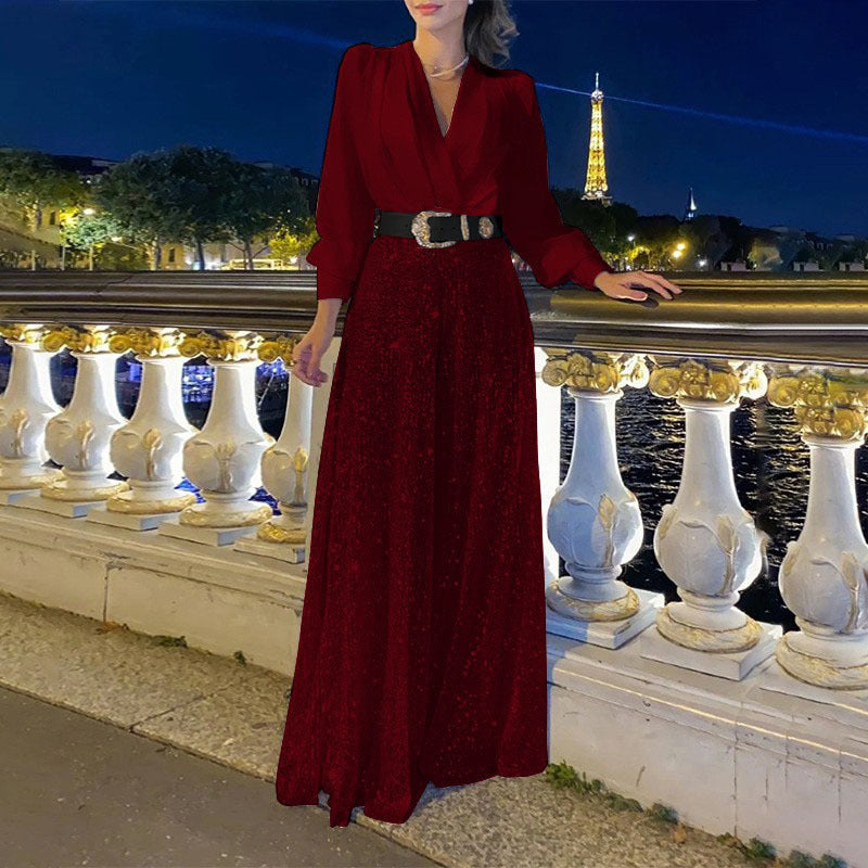 Stylish V-Neck Long Sleeve Shirt & Sequin Wide Leg Pants Set (Buy 2 Free Shipping)