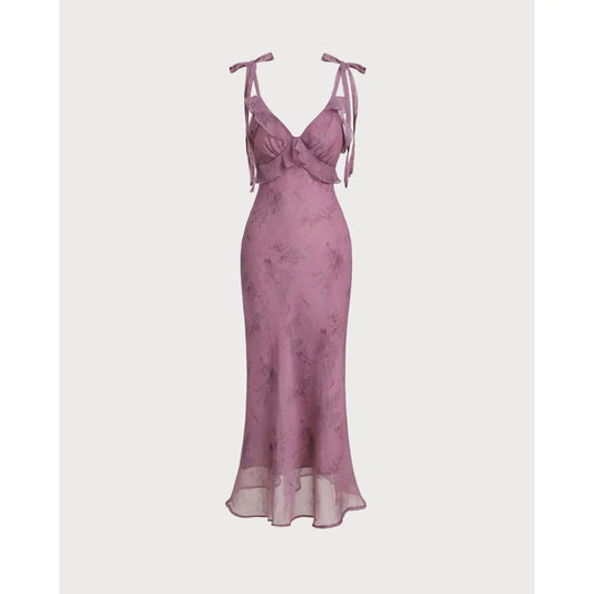 Rihoas Women's Waisted Purple Floral Ruffle Spaghetti Strap Sleeveless Polyester Fabric Midi Slip Dress
