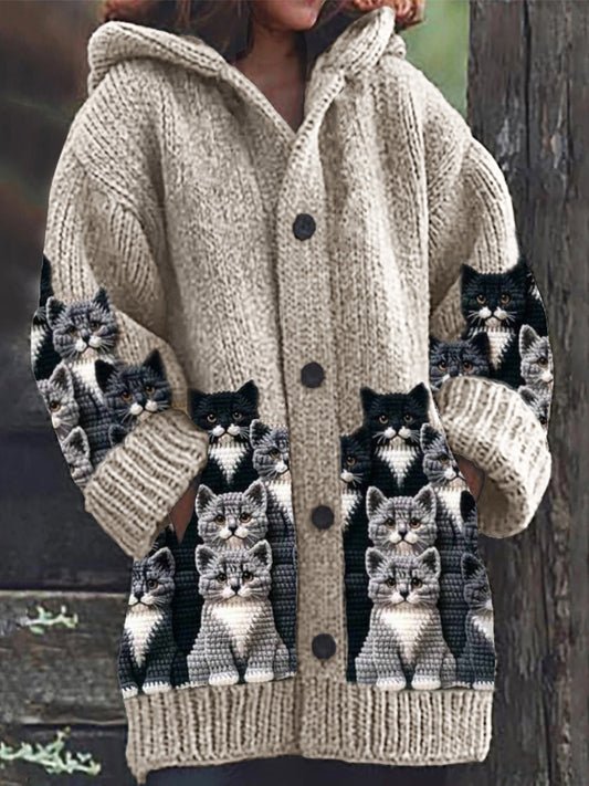 Crowded Cats Crochet Art Cozy Knit Hooded Cardigan