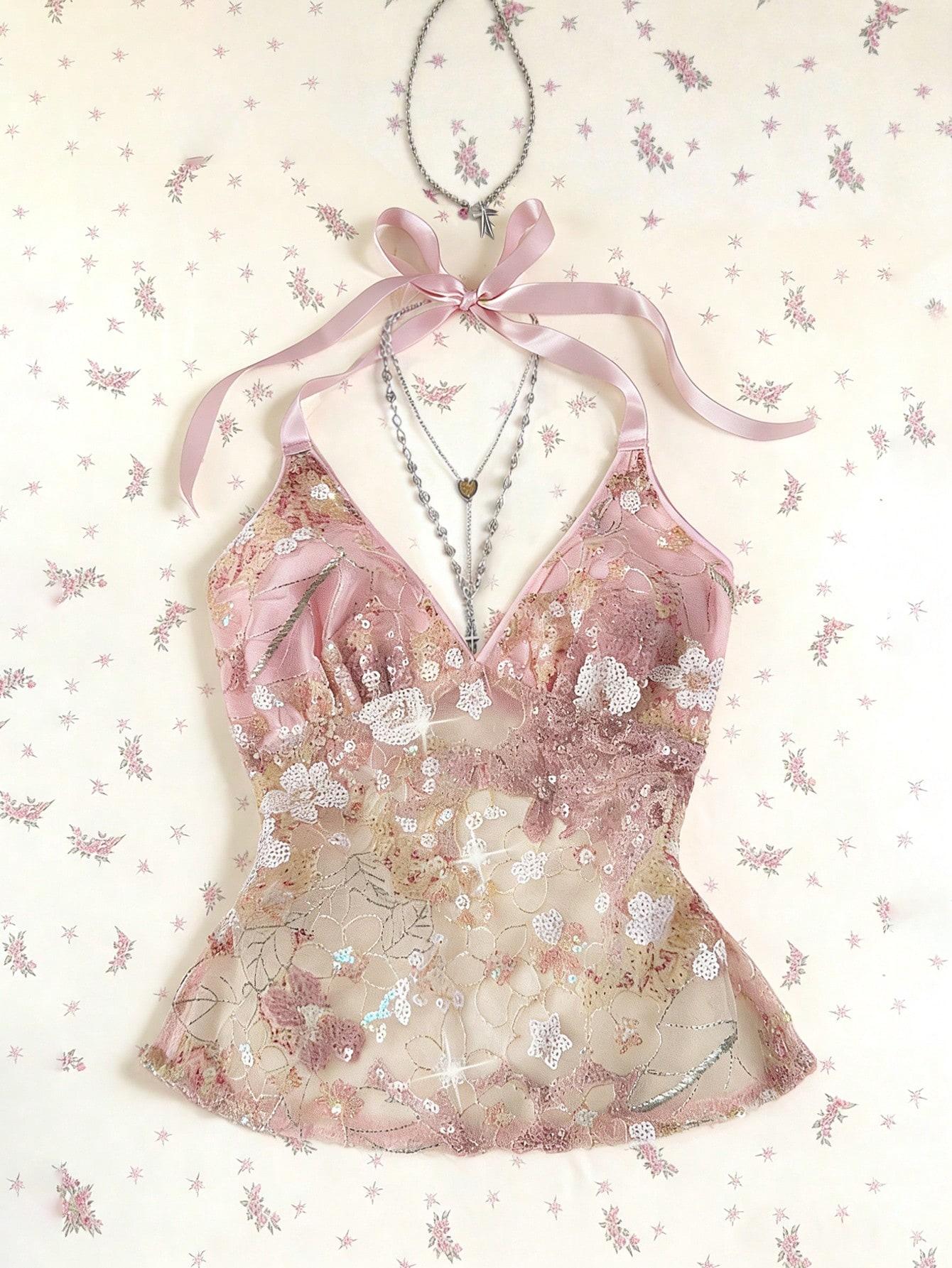 Women's Summer Lace Sequins Patchwork V-Neck Backless Halter Tie Hollow Out Slim Fit Top, Cute Sweet Style Sleeveless Tank Vest