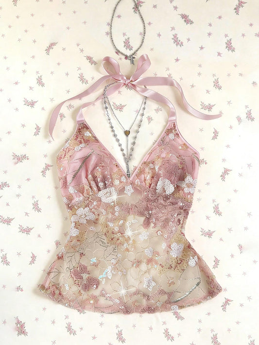 Women's Summer Lace Sequins Patchwork V-Neck Backless Halter Tie Hollow Out Slim Fit Top, Cute Sweet Style Sleeveless Tank Vest