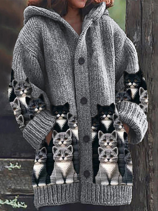 Crowded Cats Crochet Art Cozy Knit Hooded Cardigan