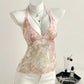 Women's Summer Lace Sequins Patchwork V-Neck Backless Halter Tie Hollow Out Slim Fit Top, Cute Sweet Style Sleeveless Tank Vest