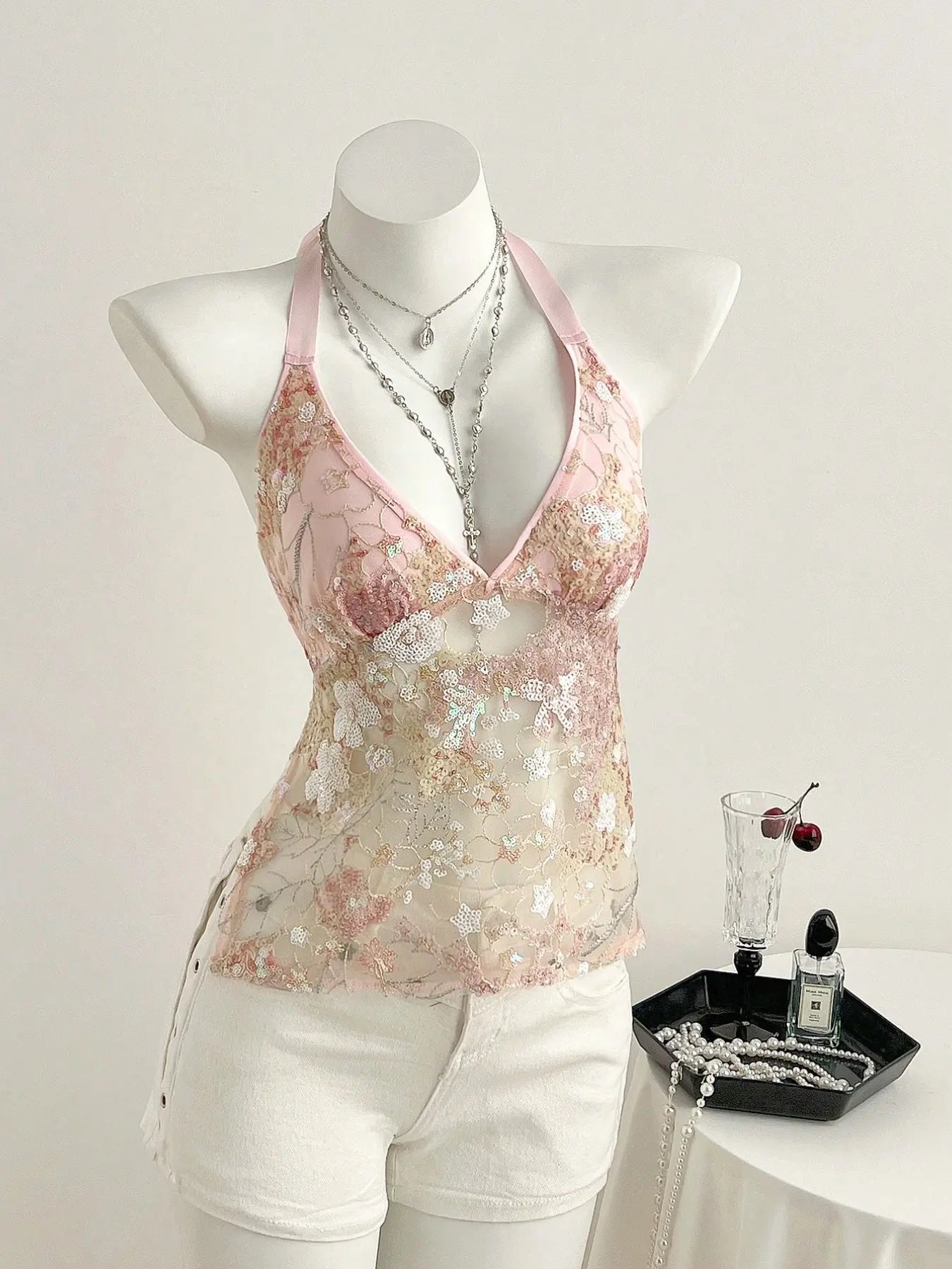 Women's Summer Lace Sequins Patchwork V-Neck Backless Halter Tie Hollow Out Slim Fit Top, Cute Sweet Style Sleeveless Tank Vest