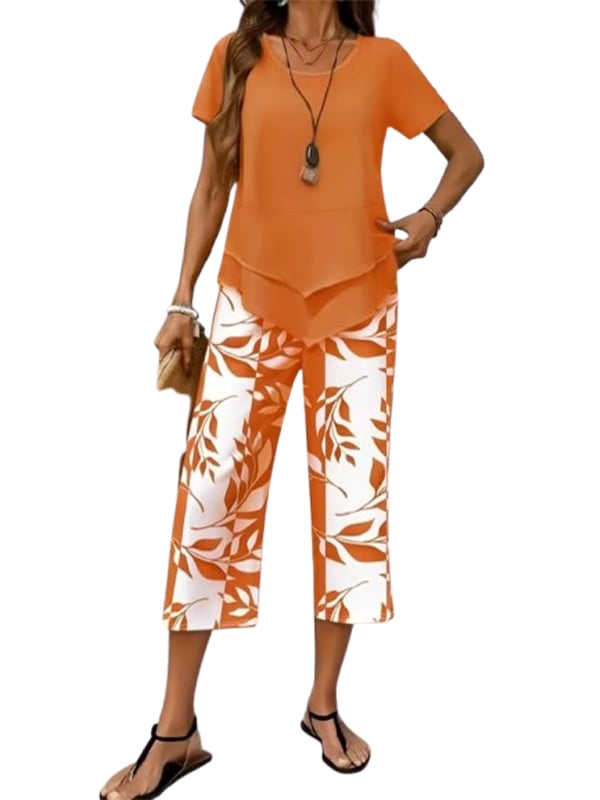 Women's Casual Two-Piece Set: Printed Cropped Pants, Stylish Top, Fashionable Loungewear Set, Summer Outfit, Relaxed Fit, Breathable & Comfortable