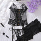 Embroidered Floral See-Through Sexy Hollow Strap Body Shaping Underwear Two-Piece Set with Stockings