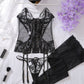 Embroidered Floral See-Through Sexy Hollow Strap Body Shaping Underwear Two-Piece Set with Stockings