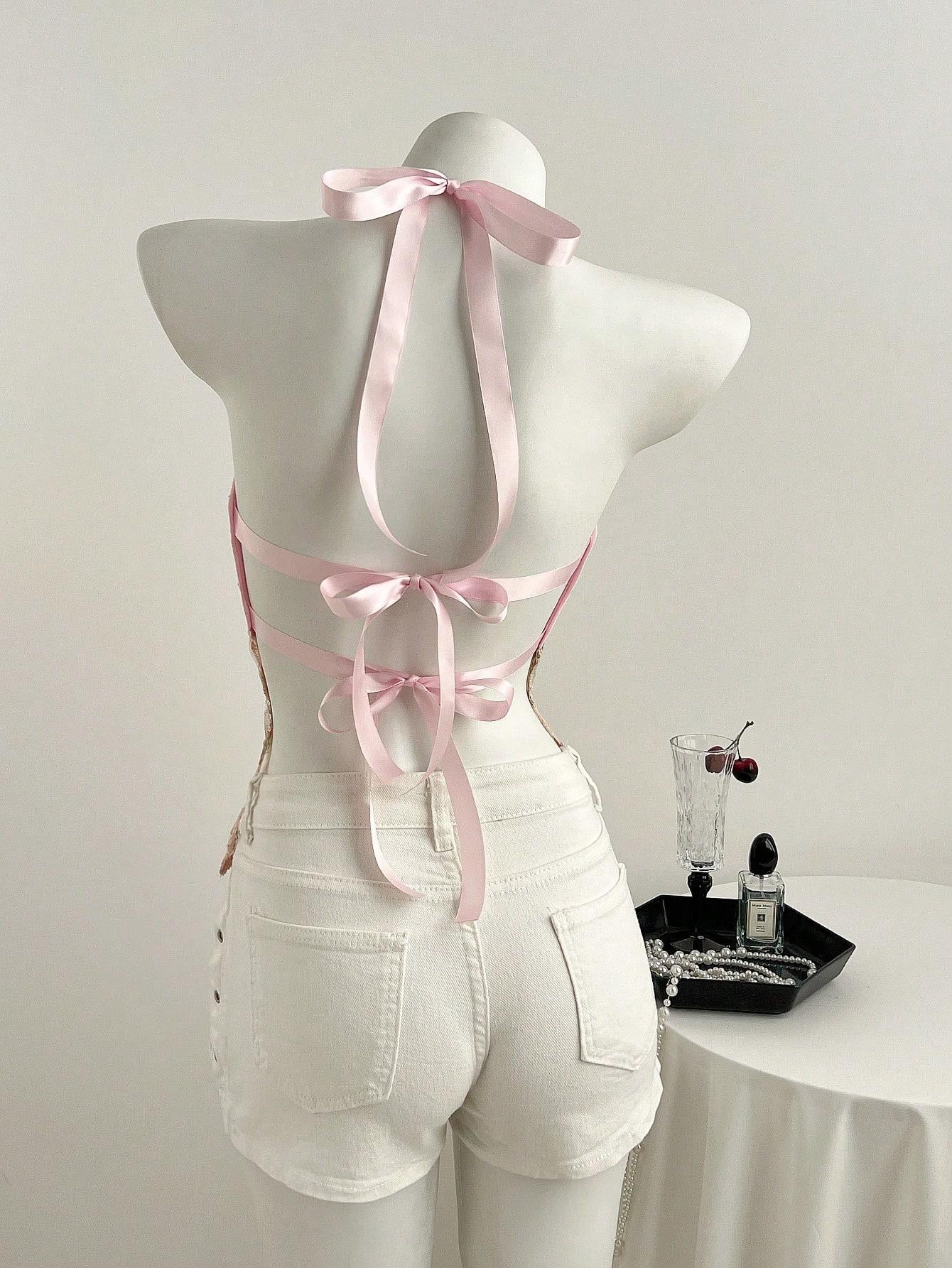 Women's Summer Lace Sequins Patchwork V-Neck Backless Halter Tie Hollow Out Slim Fit Top, Cute Sweet Style Sleeveless Tank Vest