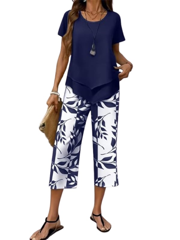 Women's Casual Two-Piece Set: Printed Cropped Pants, Stylish Top, Fashionable Loungewear Set, Summer Outfit, Relaxed Fit, Breathable & Comfortable