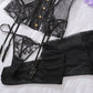 Embroidered Floral See-Through Sexy Hollow Strap Body Shaping Underwear Two-Piece Set with Stockings