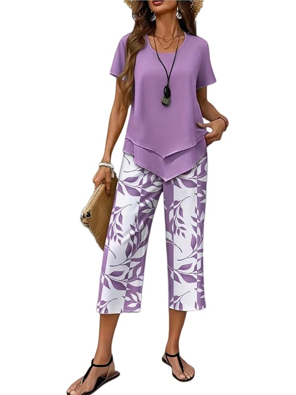 Women's Casual Two-Piece Set: Printed Cropped Pants, Stylish Top, Fashionable Loungewear Set, Summer Outfit, Relaxed Fit, Breathable & Comfortable