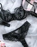 Floral Embroidery Sheer Mesh Lingerie Set