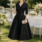Vintage-Inspired Satin Midi Dress With Draped Collar