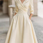 Vintage-Inspired Satin Midi Dress With Draped Collar