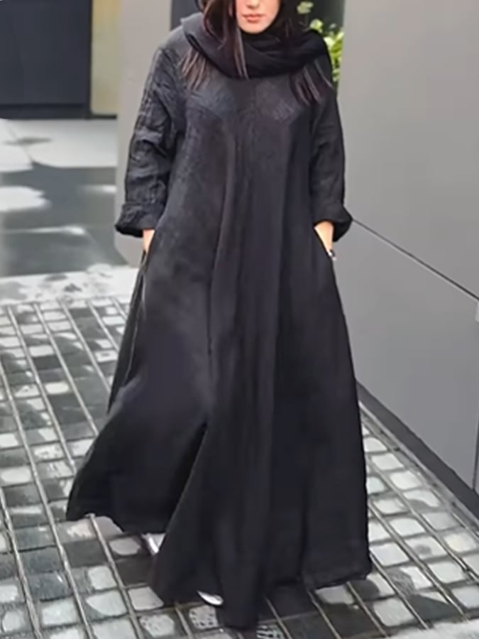 Women's Casual Solid Color Round Neck Long Sleeve Cotton and Linen Dress
