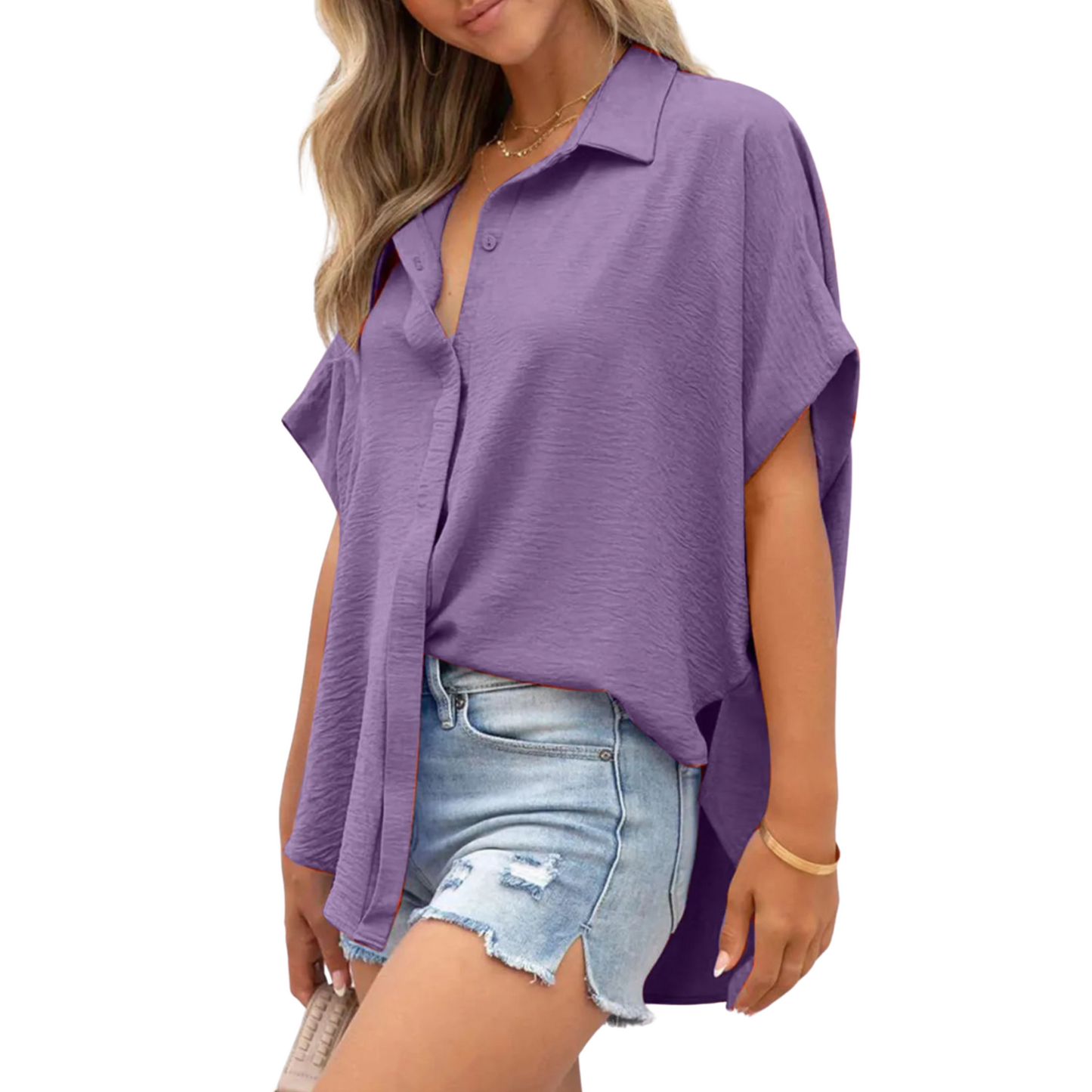 Women's Casual Button Short Sleeve Slit Hem Shirt