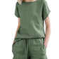 Women's Casual Solid Color Top Drawstring Cotton and Linen Shorts Set