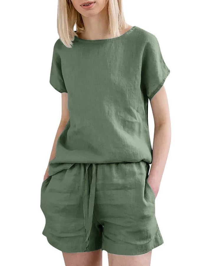 Women's Casual Solid Color Top Drawstring Cotton and Linen Shorts Set