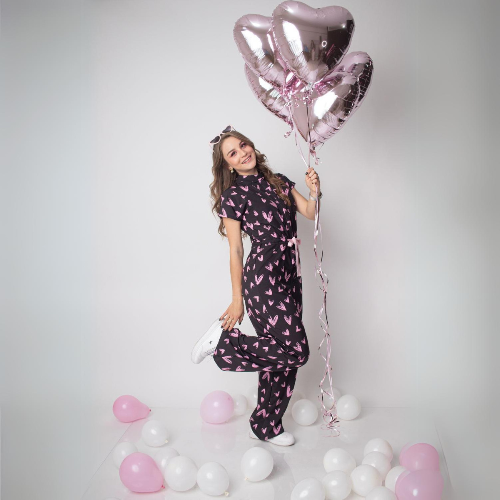 Women's Pink Heart Print Flare Scrub Jumpsuit Jog008